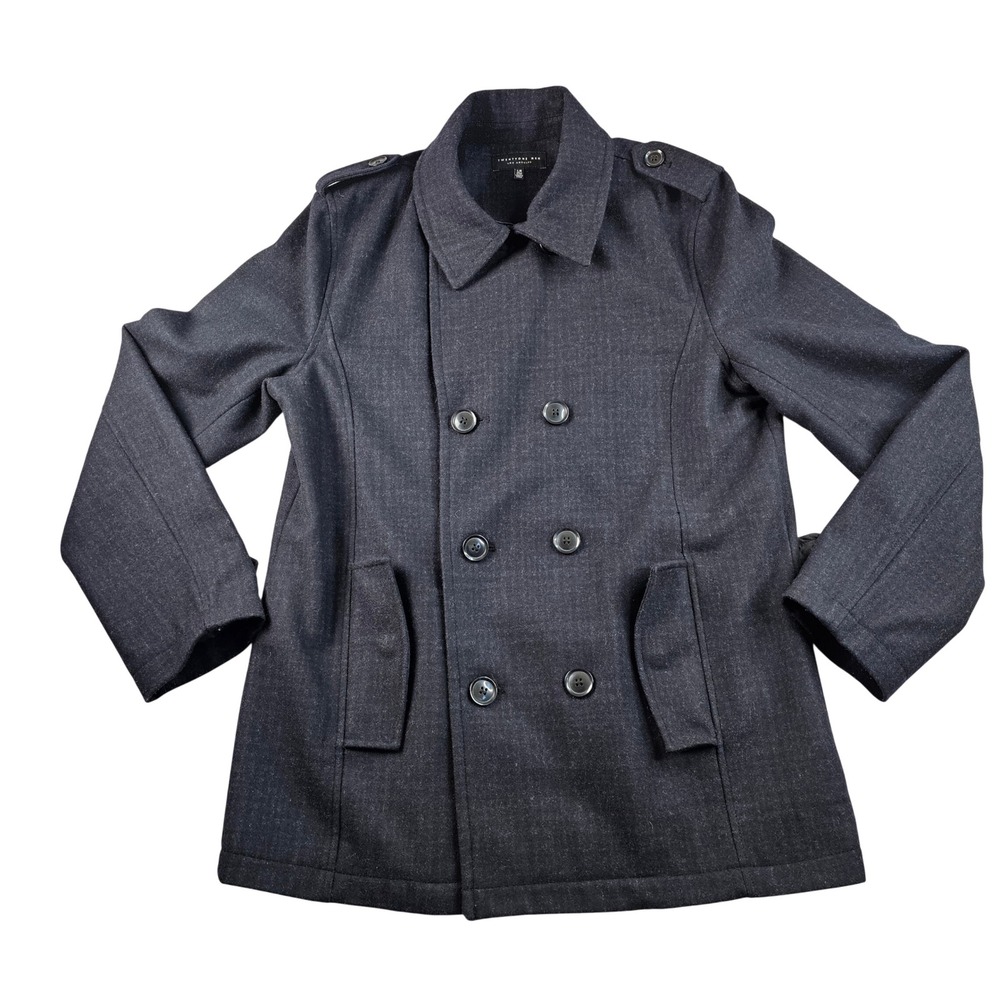 TWENTYONE MEN Double Breasted Wool Blend Peacoat Men‎ Large Charcoal Herringbone
